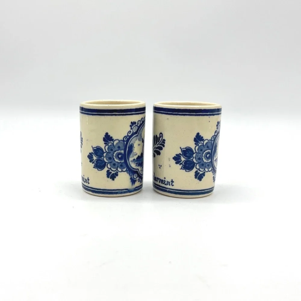 Vintage Vandermint Delft Blue Ceramic Shot Glasses‎ Windmill Dutch Barware